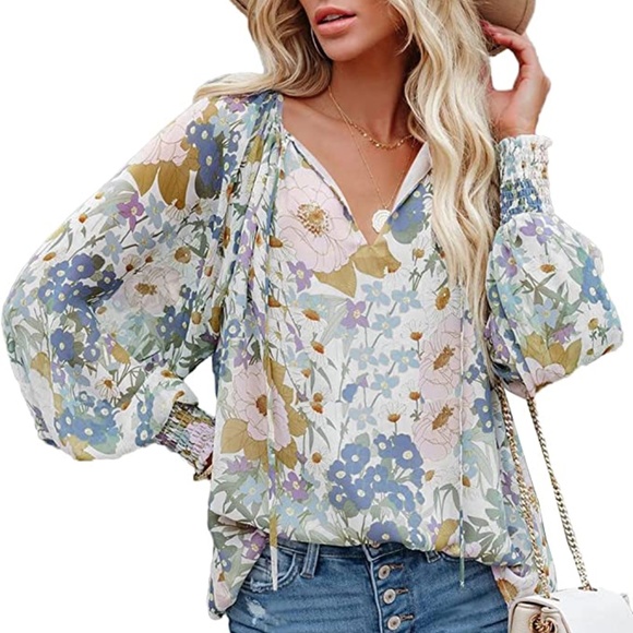 Tops - Womens V Neck Tie Front Long Sleeve Floral Blouse in Blue sz small